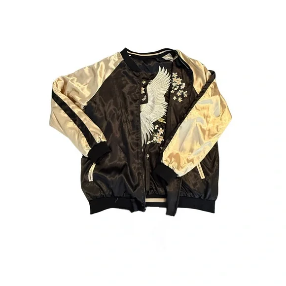 Black and Gold Women's Reversible Bomber Jacket with Japanese Style Embroidery - Picture 8 of 9